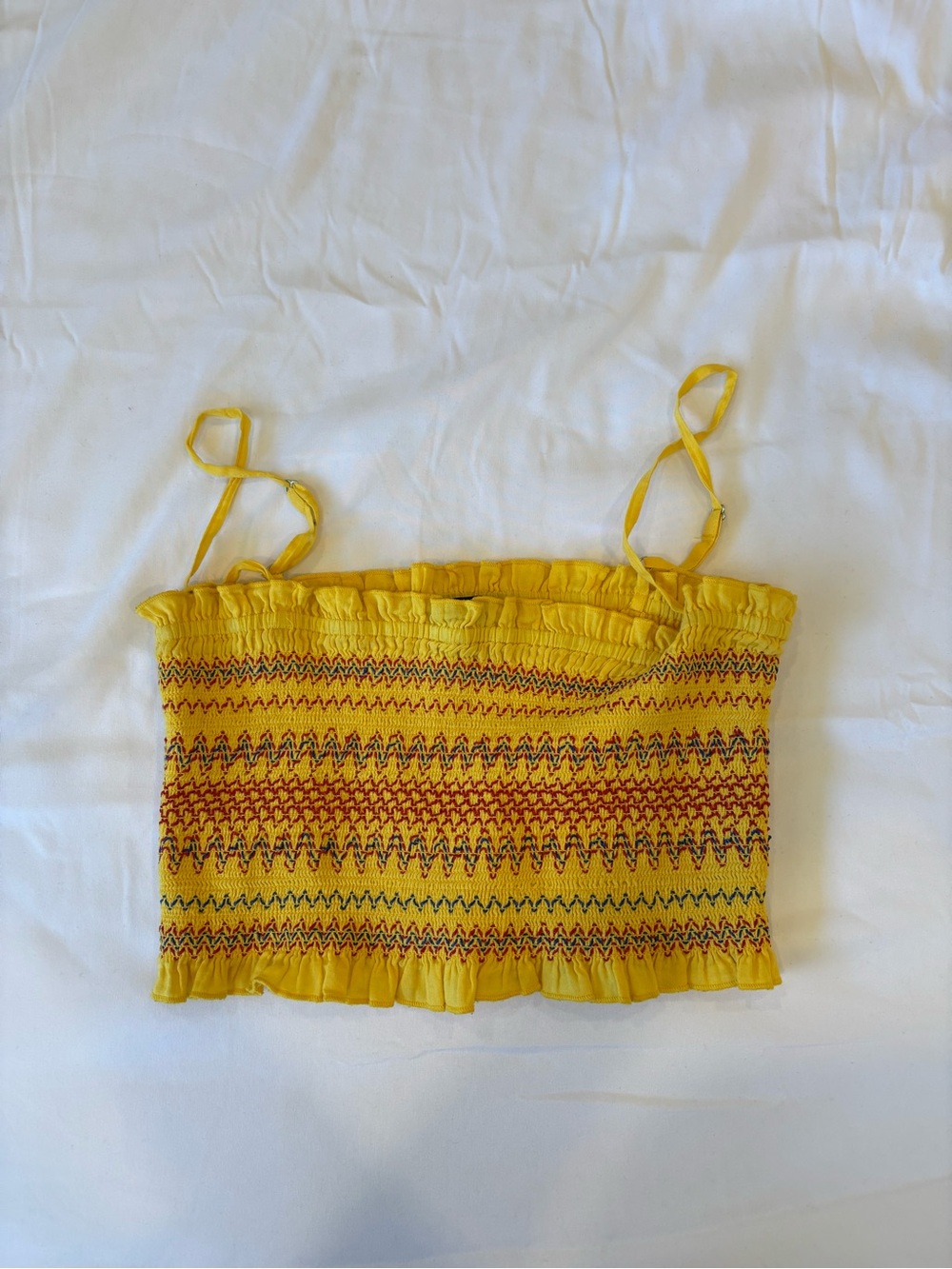 Yellow Smocked Crop Top with Multicolor Stitching